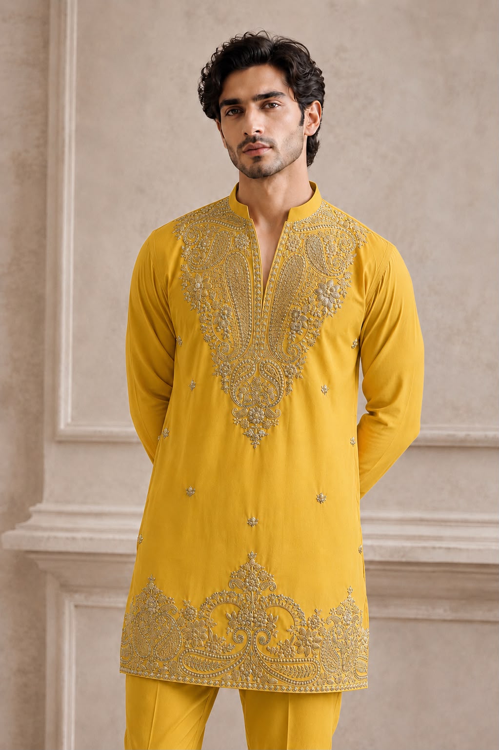Mustard Paisley Embroidered V-Neck Short Kurta