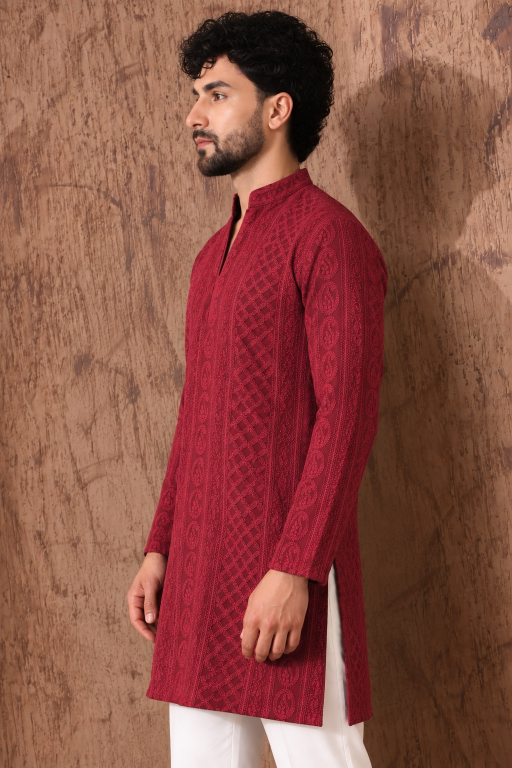 Maroon Chikankari Textured V-Neck Short Kurta