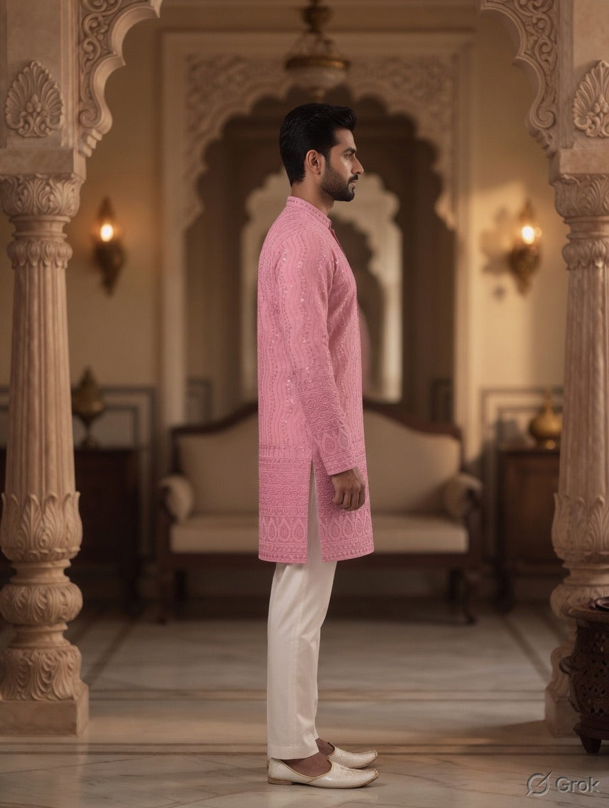 Royal Heritage Embroidered Pink Short Kurta