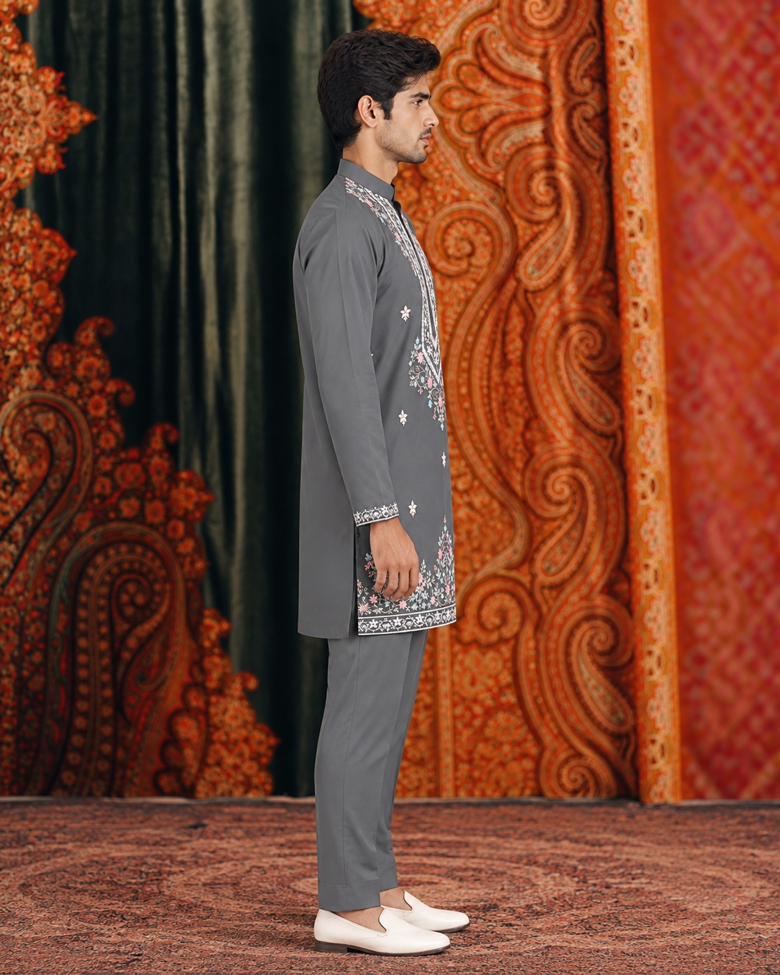 Gray Signature Embroidered Short Kurta