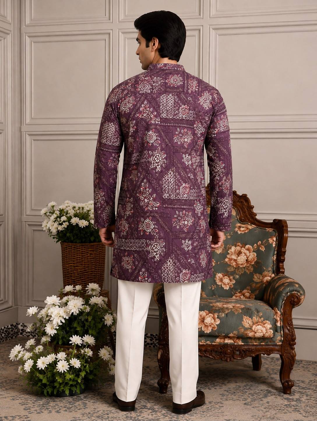 Wine Patchwork Floral V-Neck Short Kurta