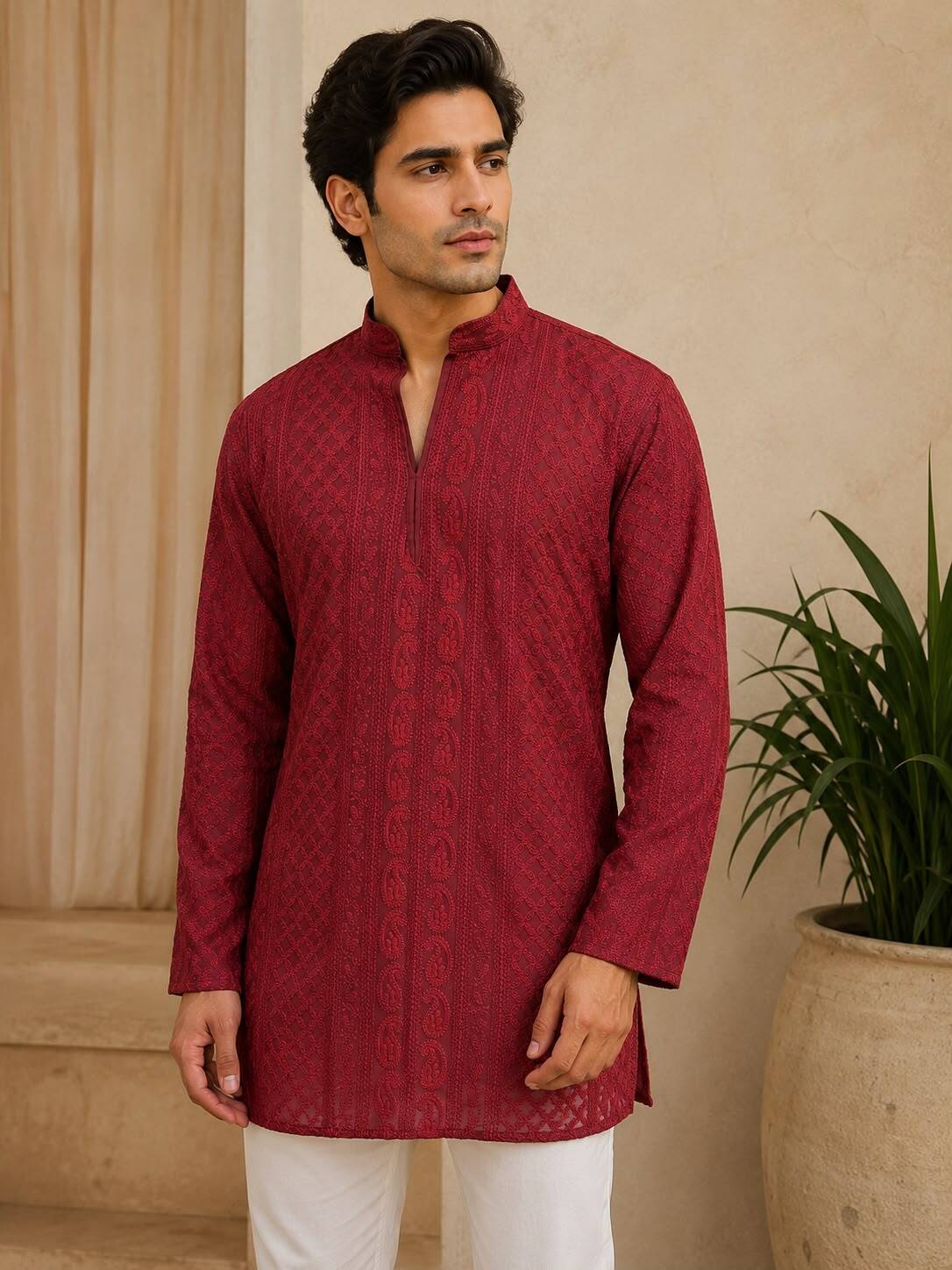 Maroon Chikankari Textured V-Neck Short Kurta