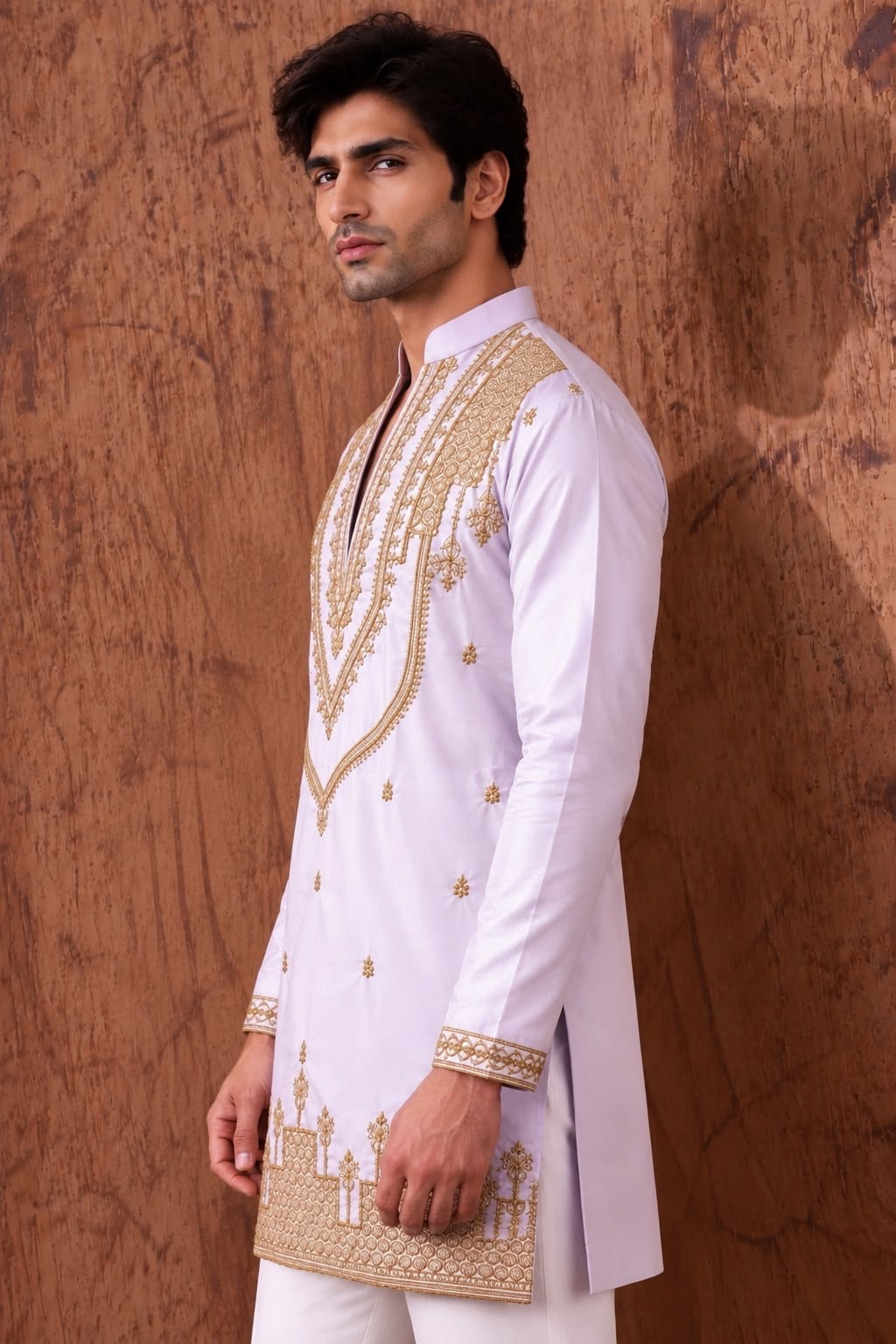 Lavender Heritage Embroidered V-Neck Short Kurta