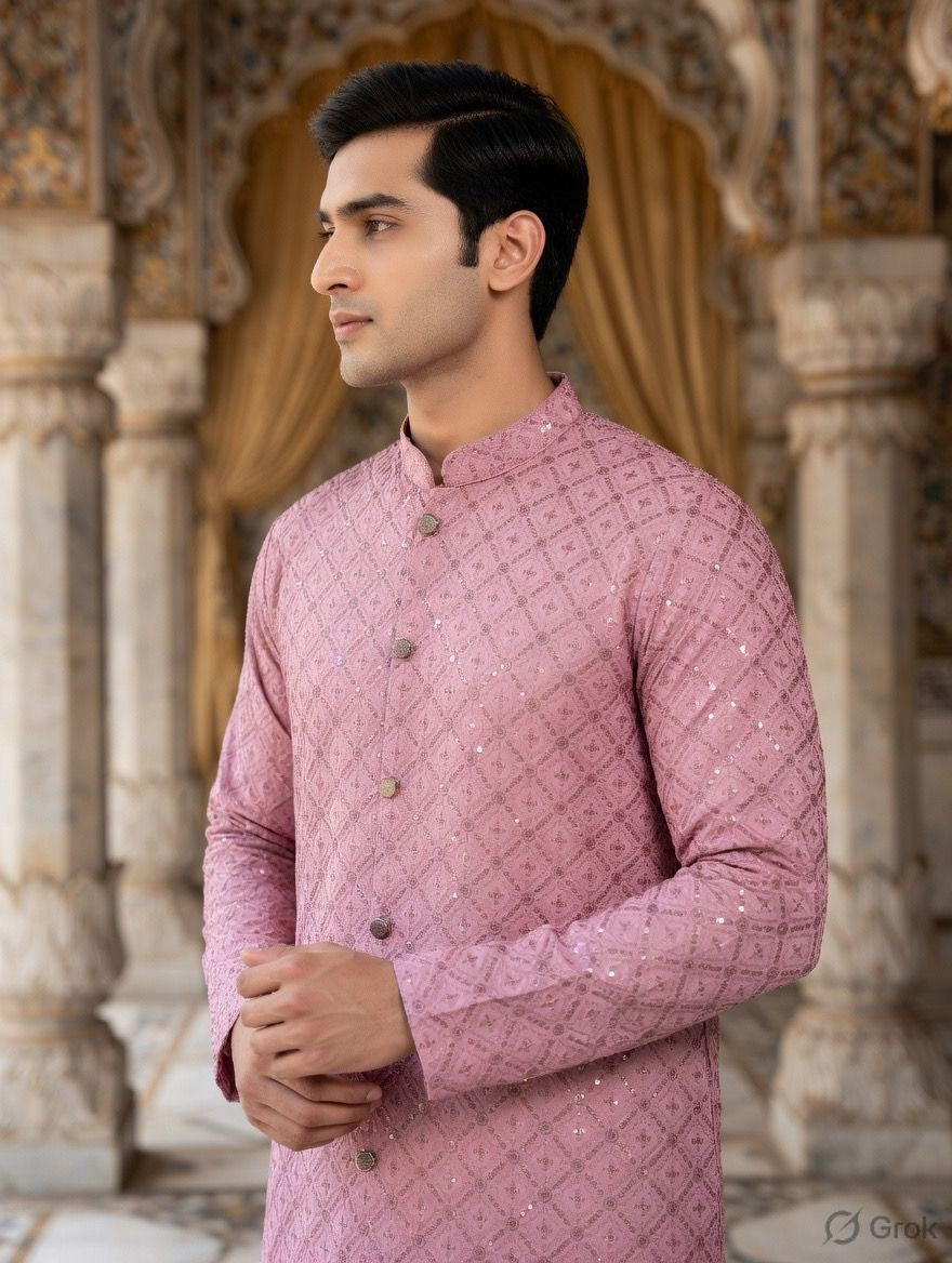 Lavender Sequin Embroidered Festive Kurta for Men