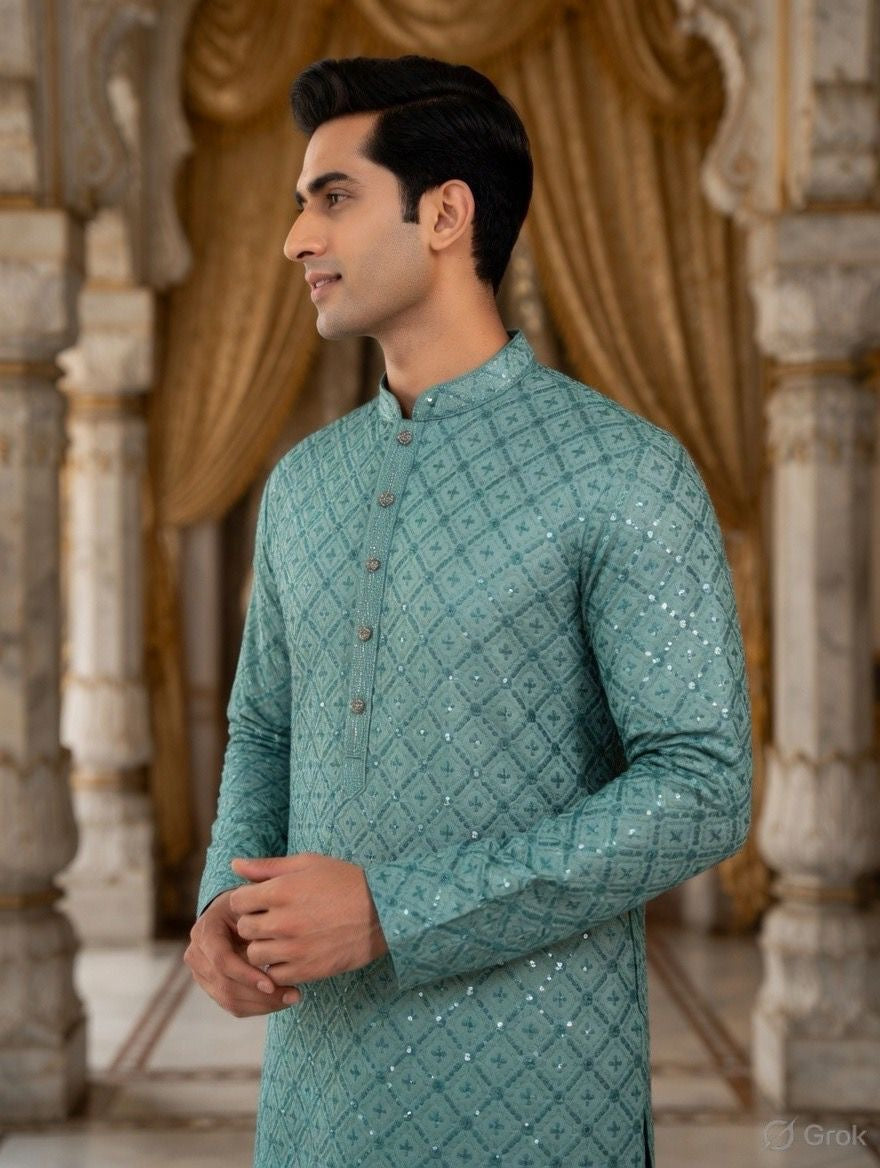 Mint Green Sequin Embroidered Festive Kurta for Men