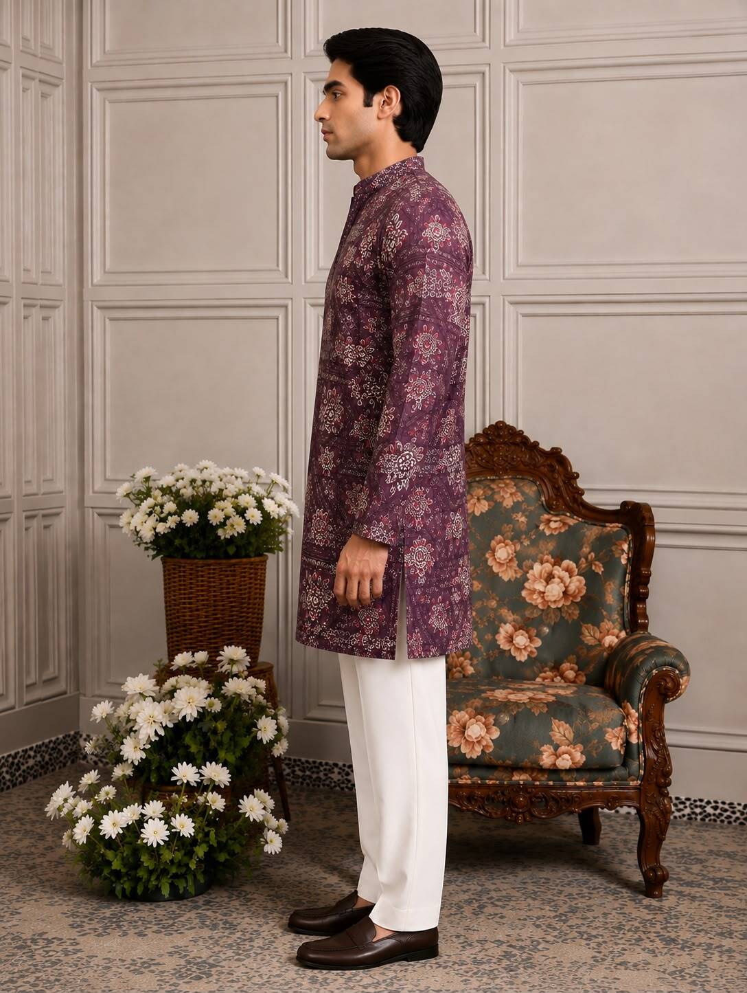 Wine Patchwork Floral V-Neck Short Kurta