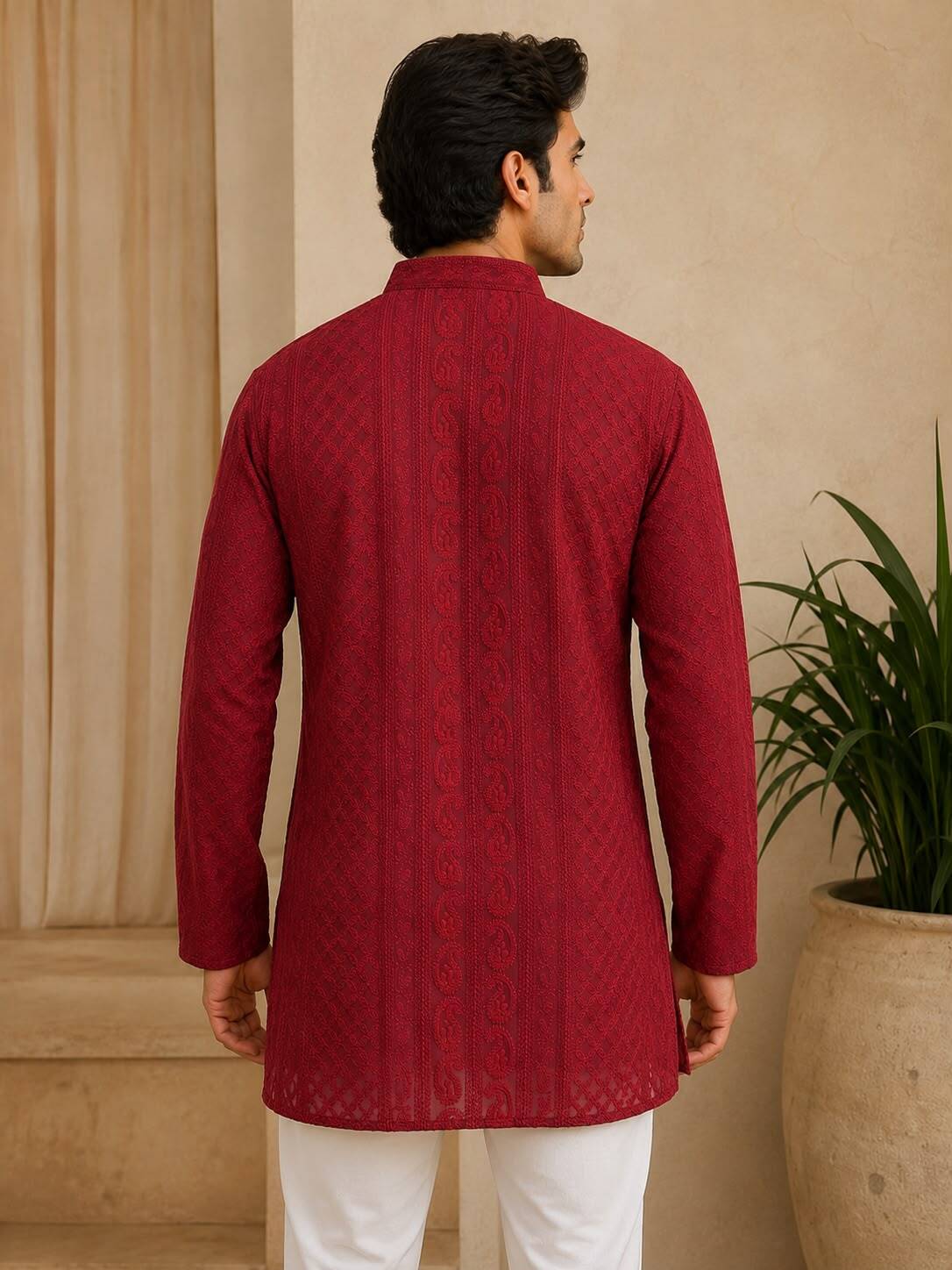 Maroon Chikankari Textured V-Neck Short Kurta