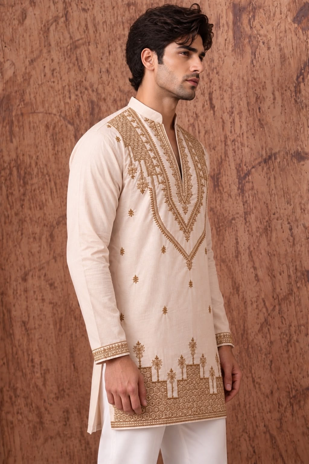 Peach Heritage Embroidered V-Neck Short Kurta