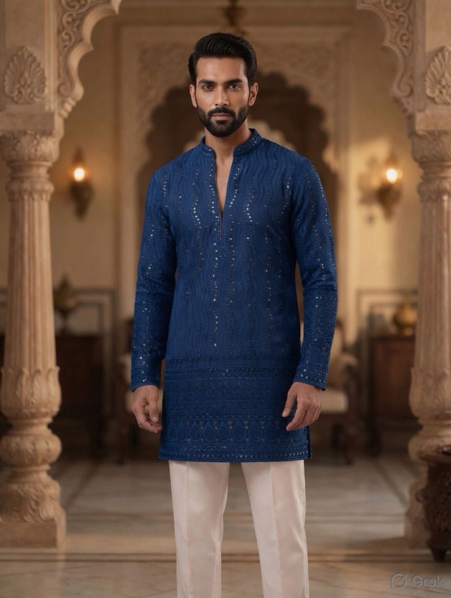 Royal Heritage Embroidered Navy Blue Short Kurta