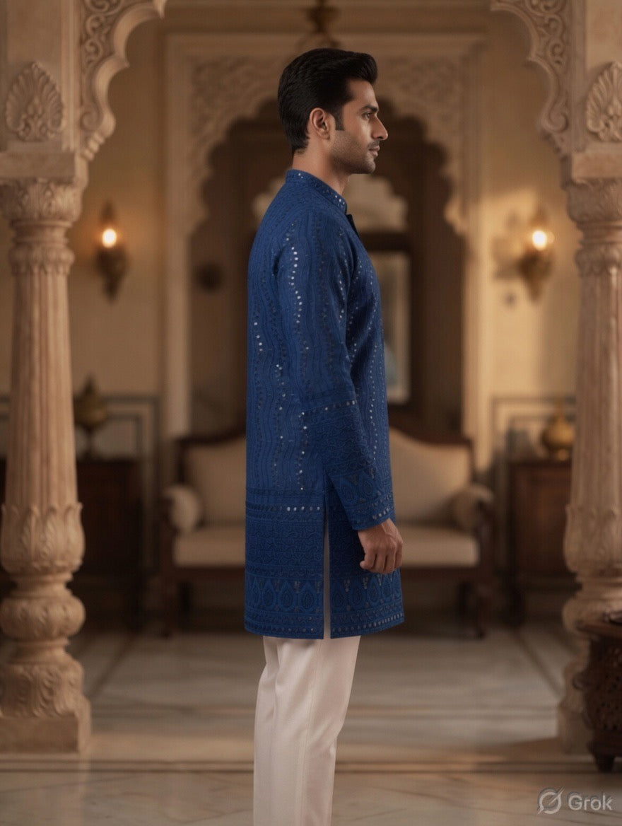 Royal Heritage Embroidered Navy Blue Short Kurta
