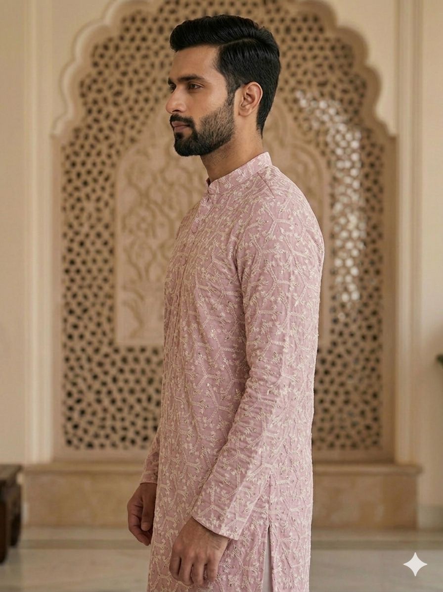 Men's Peach Geometric Chikankari Embroidered Kurta