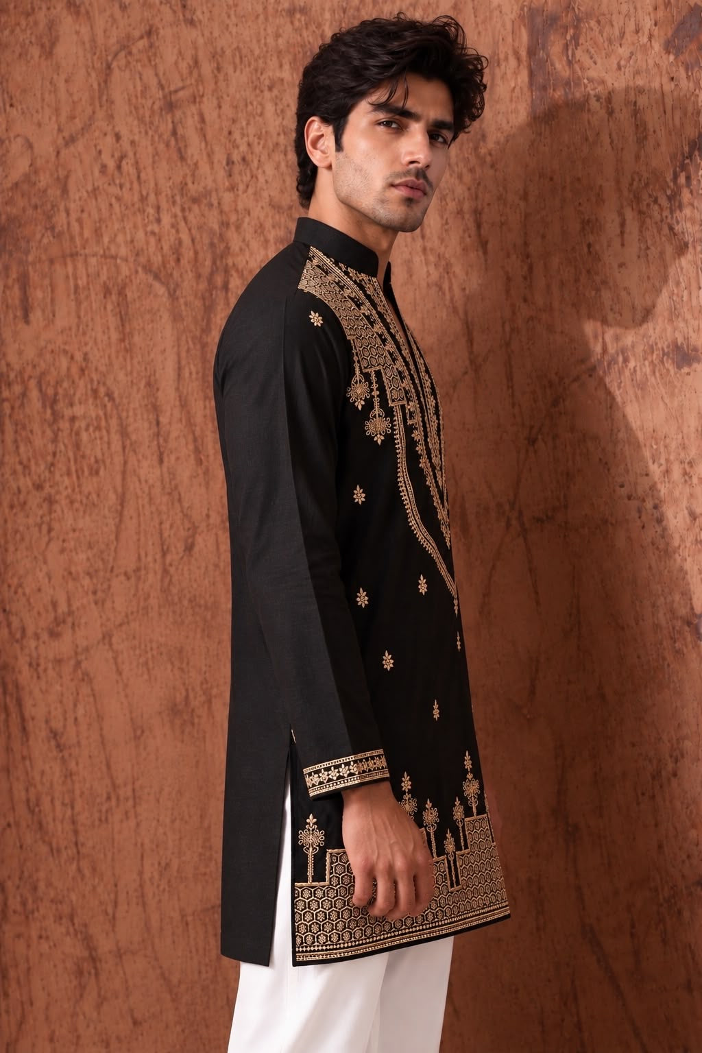 Black Heritage Embroidered V-Neck Short Kurta