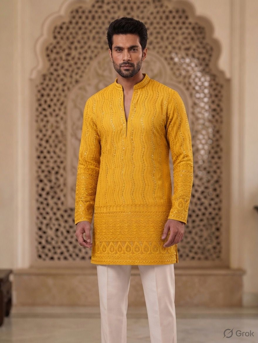 Royal Heritage Embroidered Yellow Short Kurta