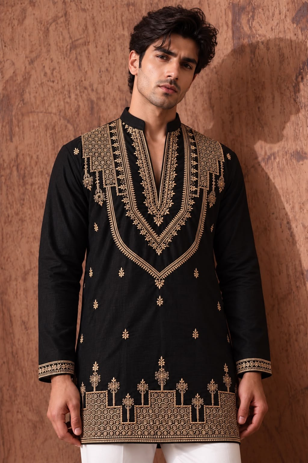 Black Heritage Embroidered V-Neck Short Kurta
