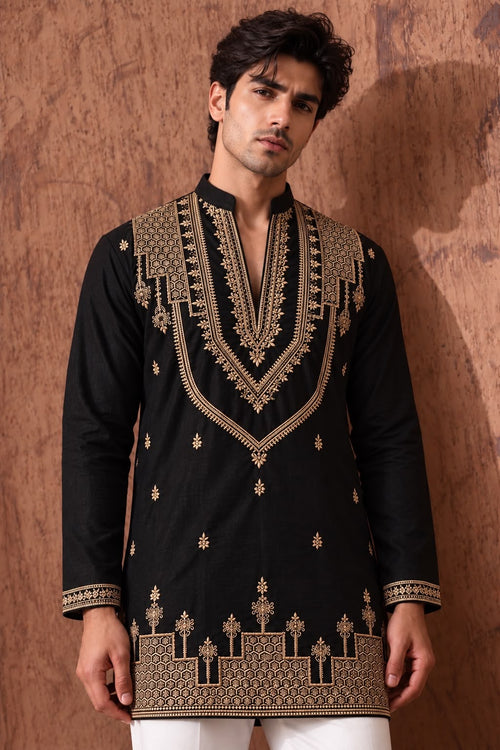 Black Heritage Embroidered V-Neck Short Kurta