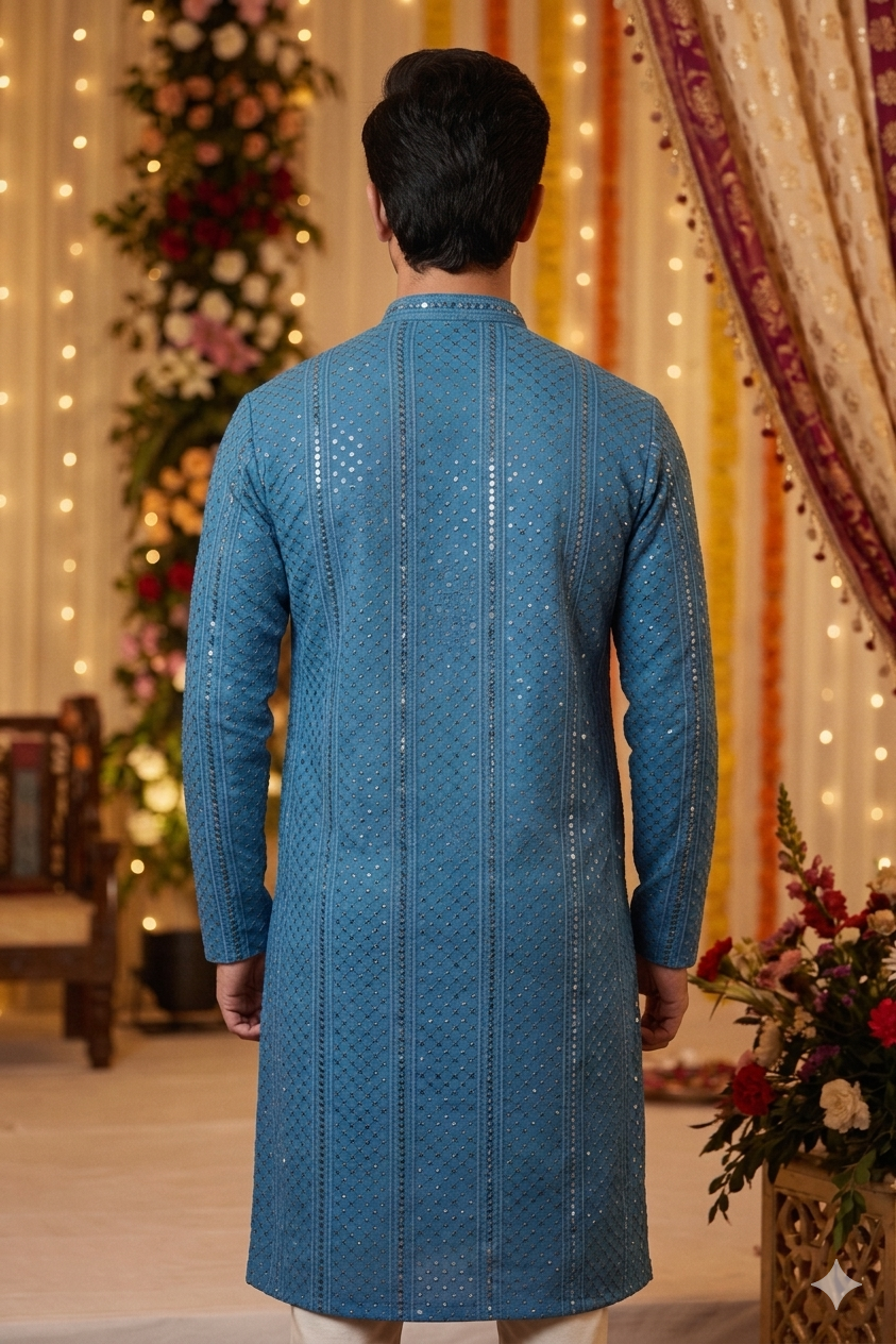 Men's Morpeach Sequined Chikankari Kurta with Metallic Accents