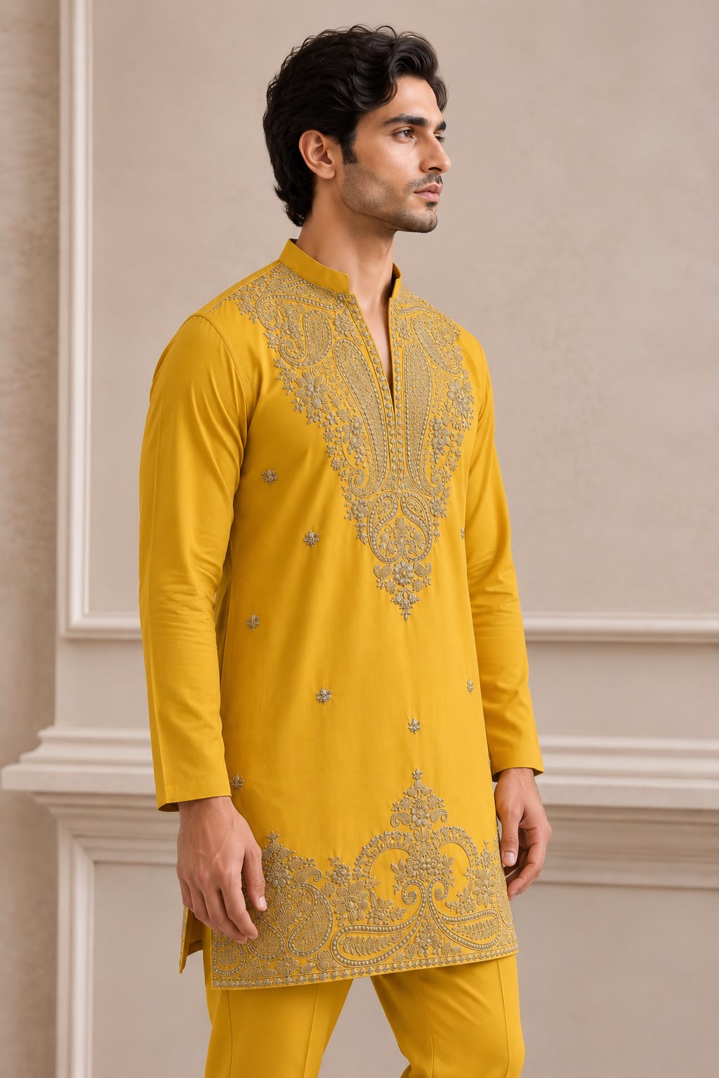 Mustard Paisley Embroidered V-Neck Short Kurta