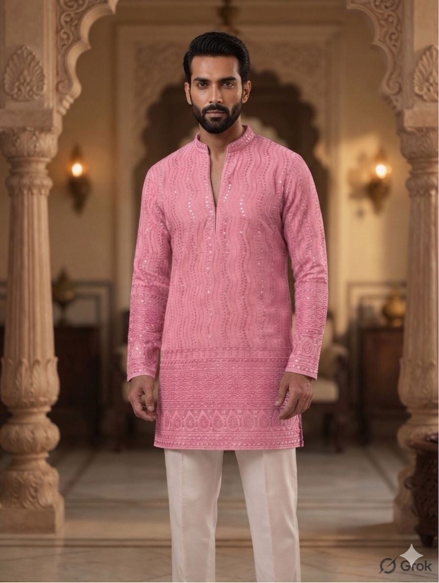 Royal Heritage Embroidered Pink Short Kurta