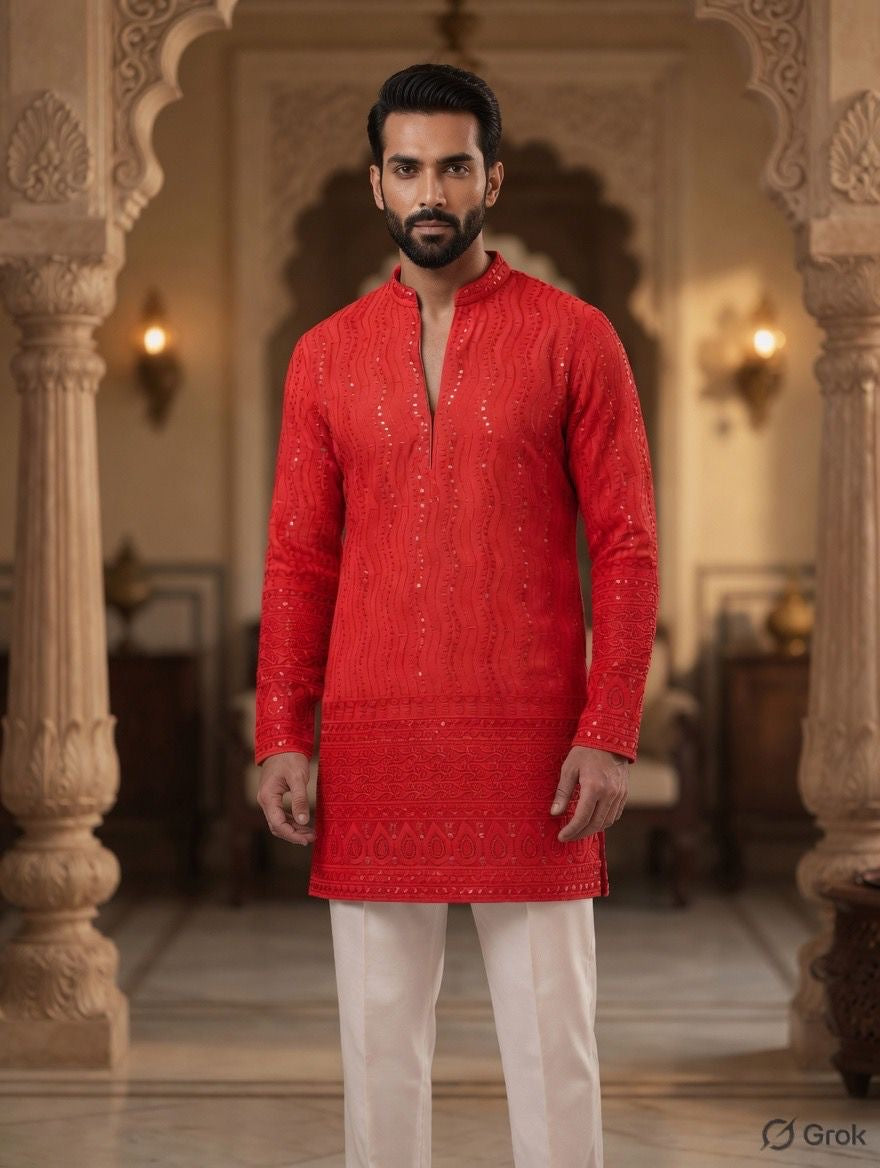 Royal Heritage Embroidered Red Short Kurta
