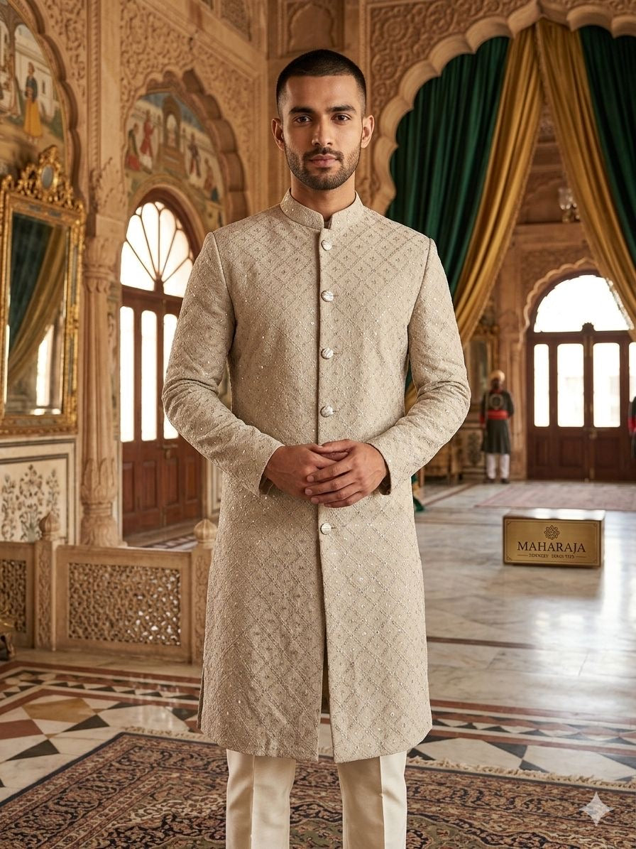 Chikoo Sequin Embroidered Festive Kurta for Men