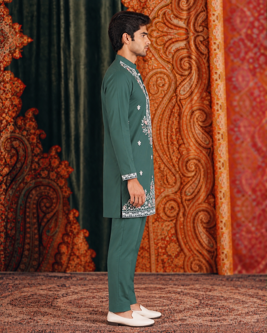 Green Signature Embroidered Short Kurta
