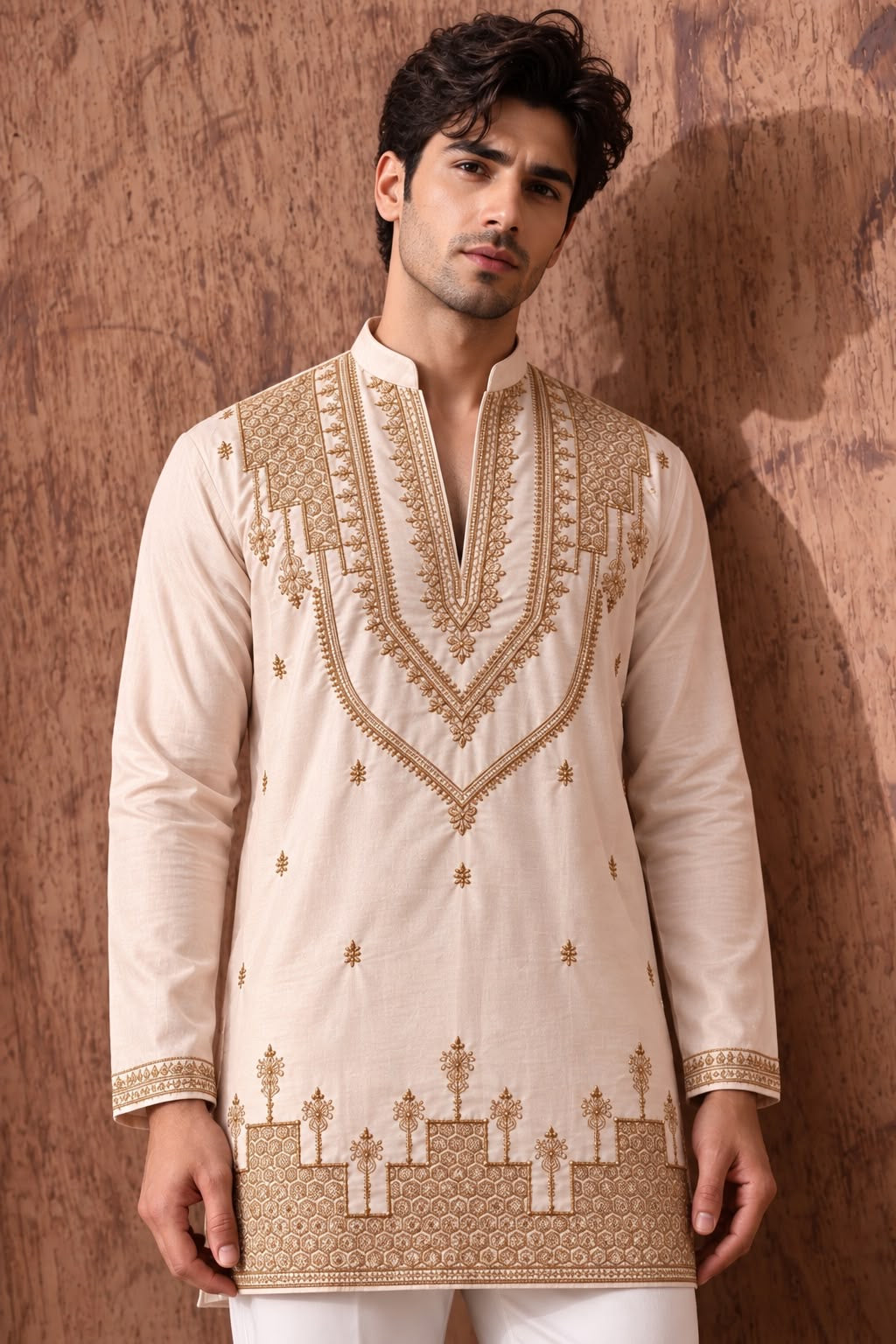 Peach Heritage Embroidered V-Neck Short Kurta