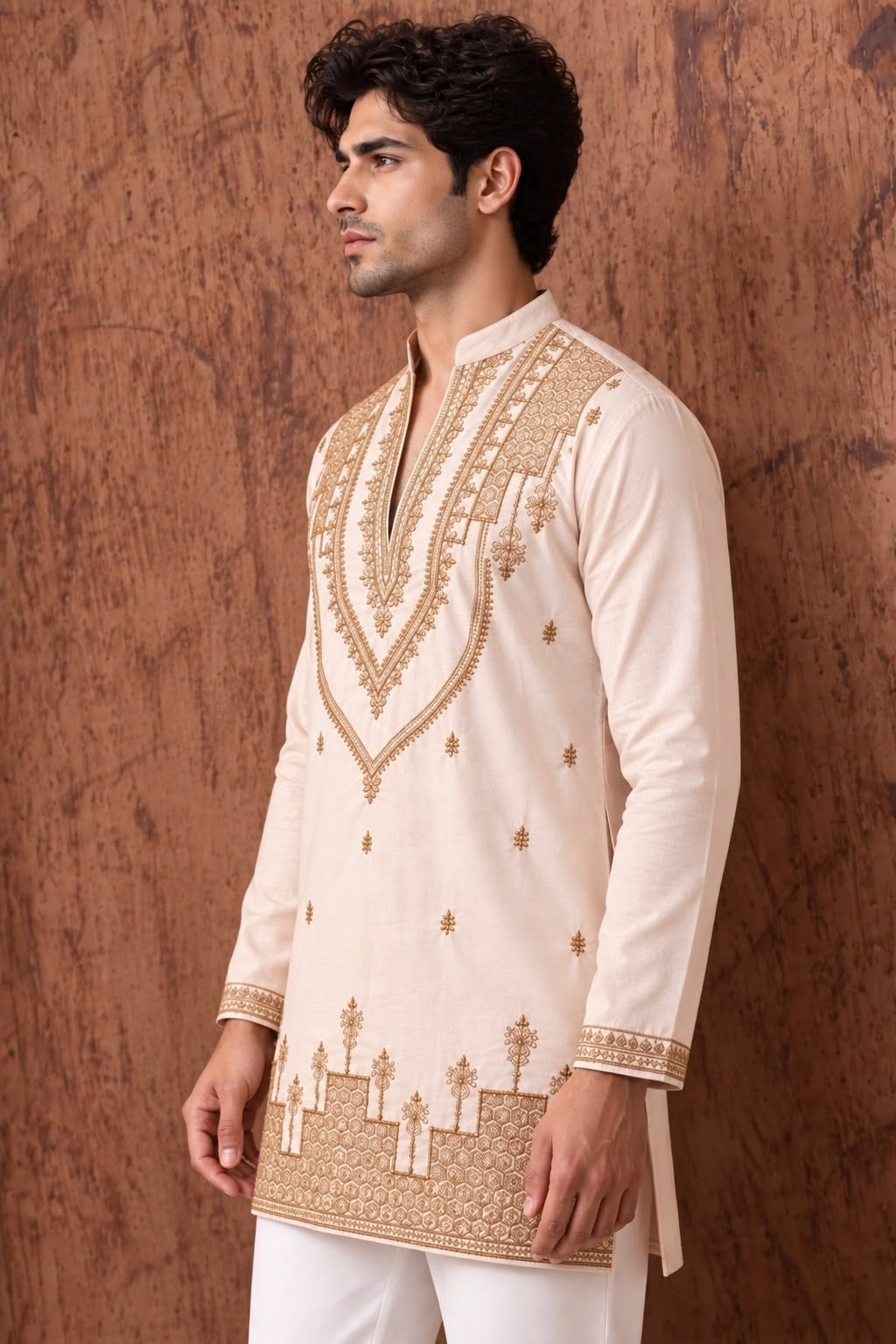 Peach Heritage Embroidered V-Neck Short Kurta