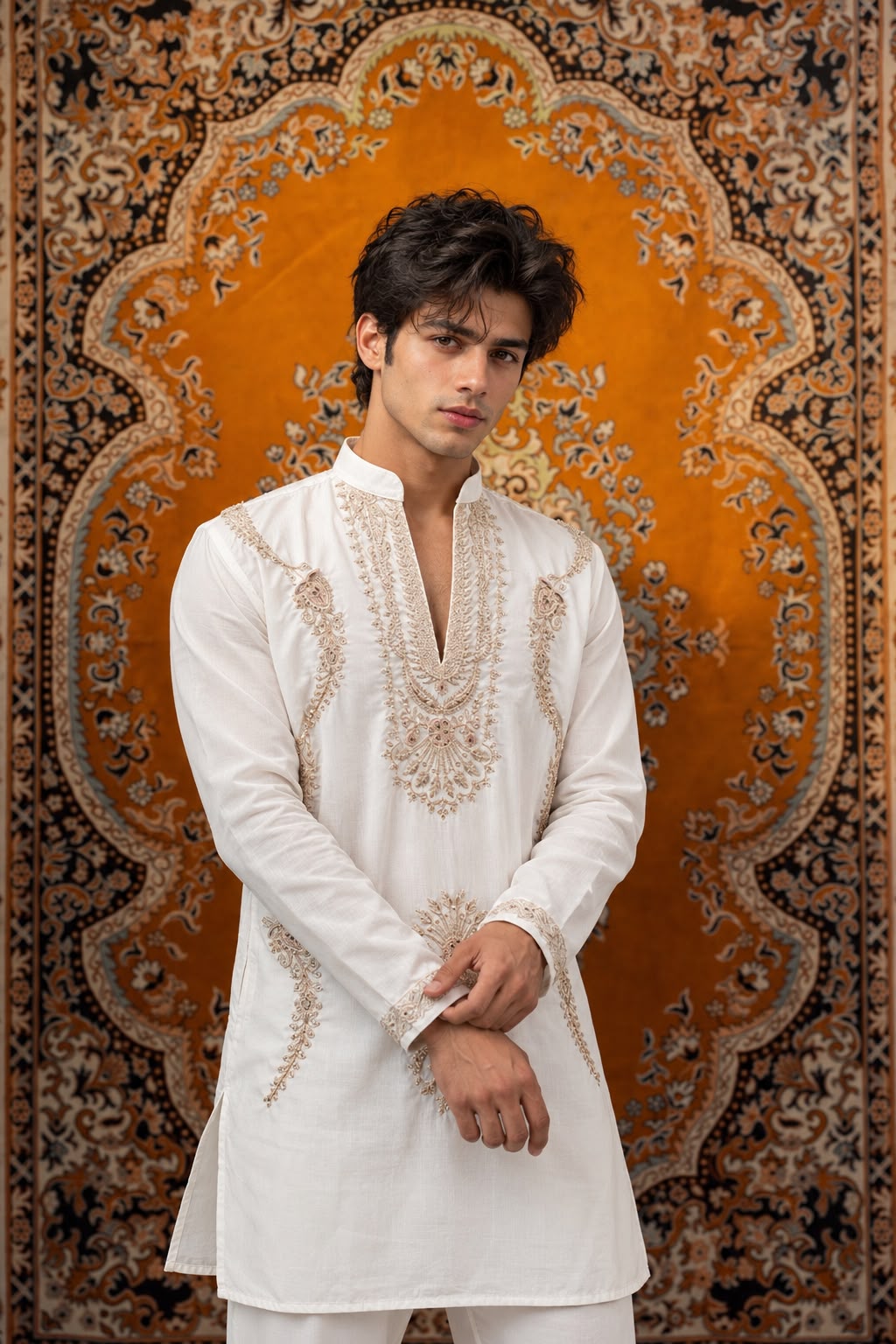 White Ornate Embroidered V-Neck Short Kurta