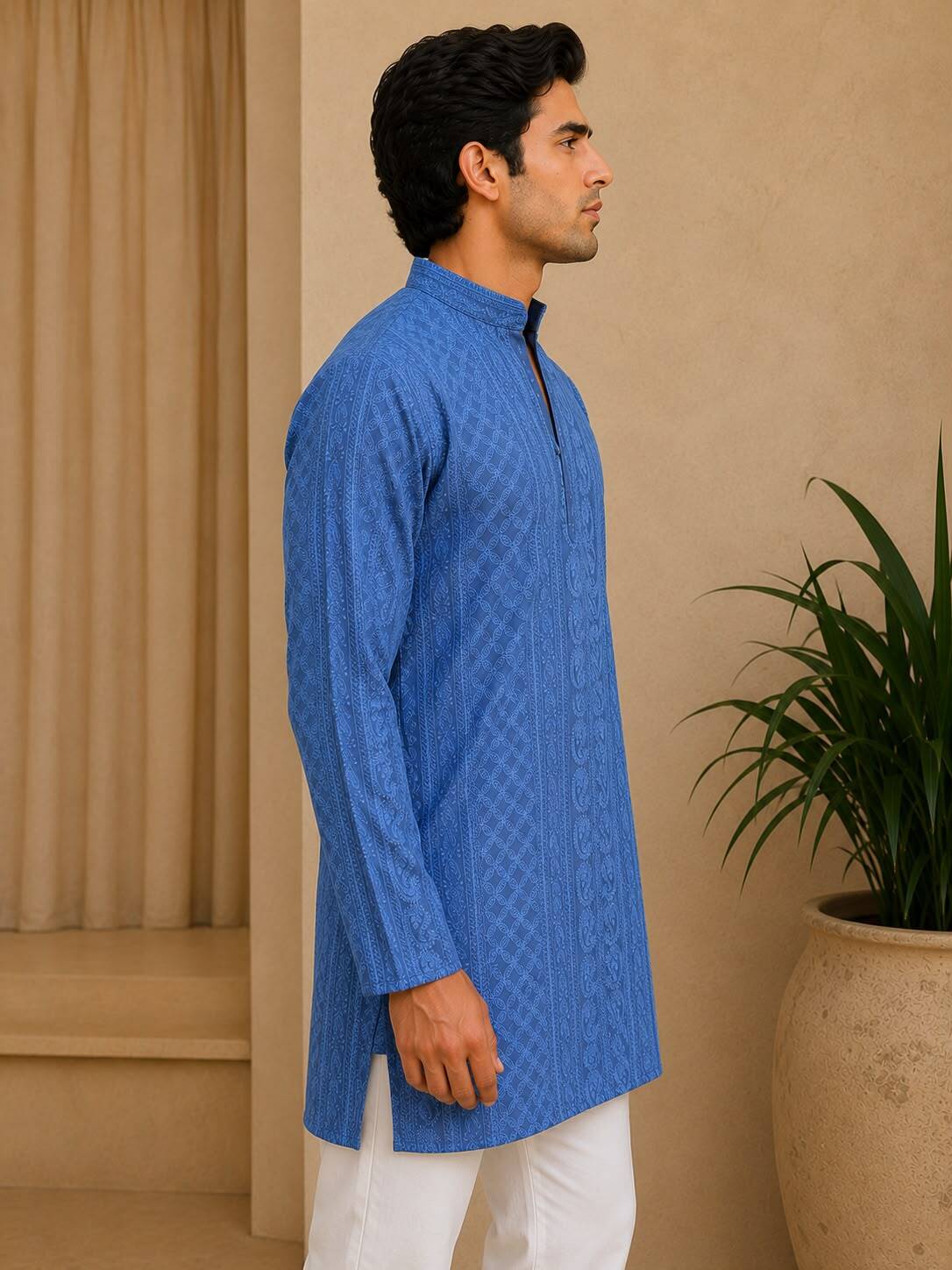 Grey Chikankari Textured V-Neck Short Kurta