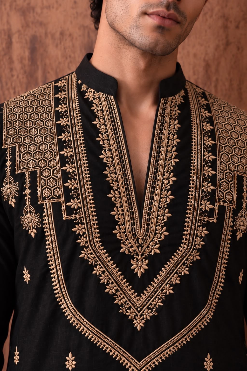 Black Heritage Embroidered V-Neck Short Kurta