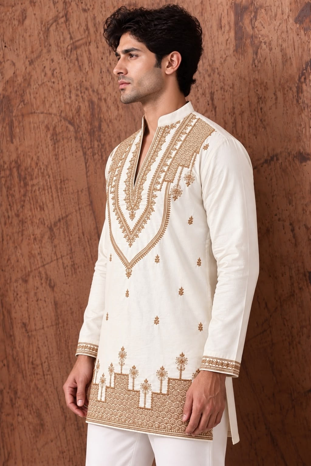 Off White Heritage Embroidered V-Neck Short Kurta
