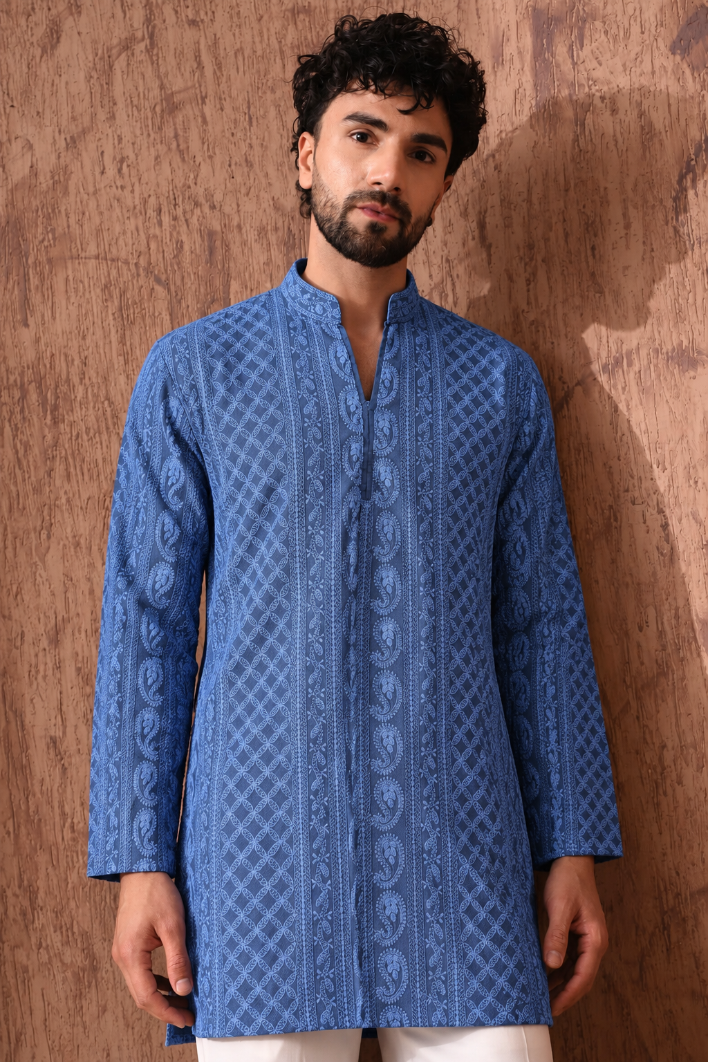Grey Chikankari Textured V-Neck Short Kurta