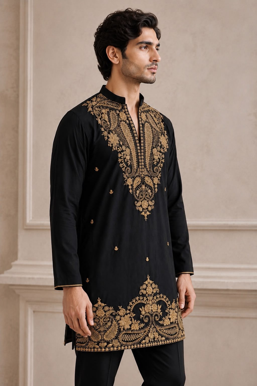Black Paisley Embroidered V-Neck Short Kurta