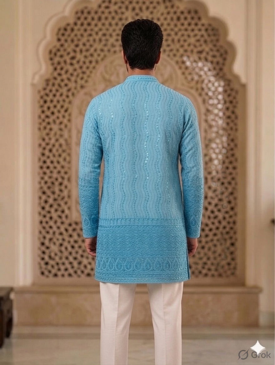 Royal Heritage Embroidered Sky Short Kurta