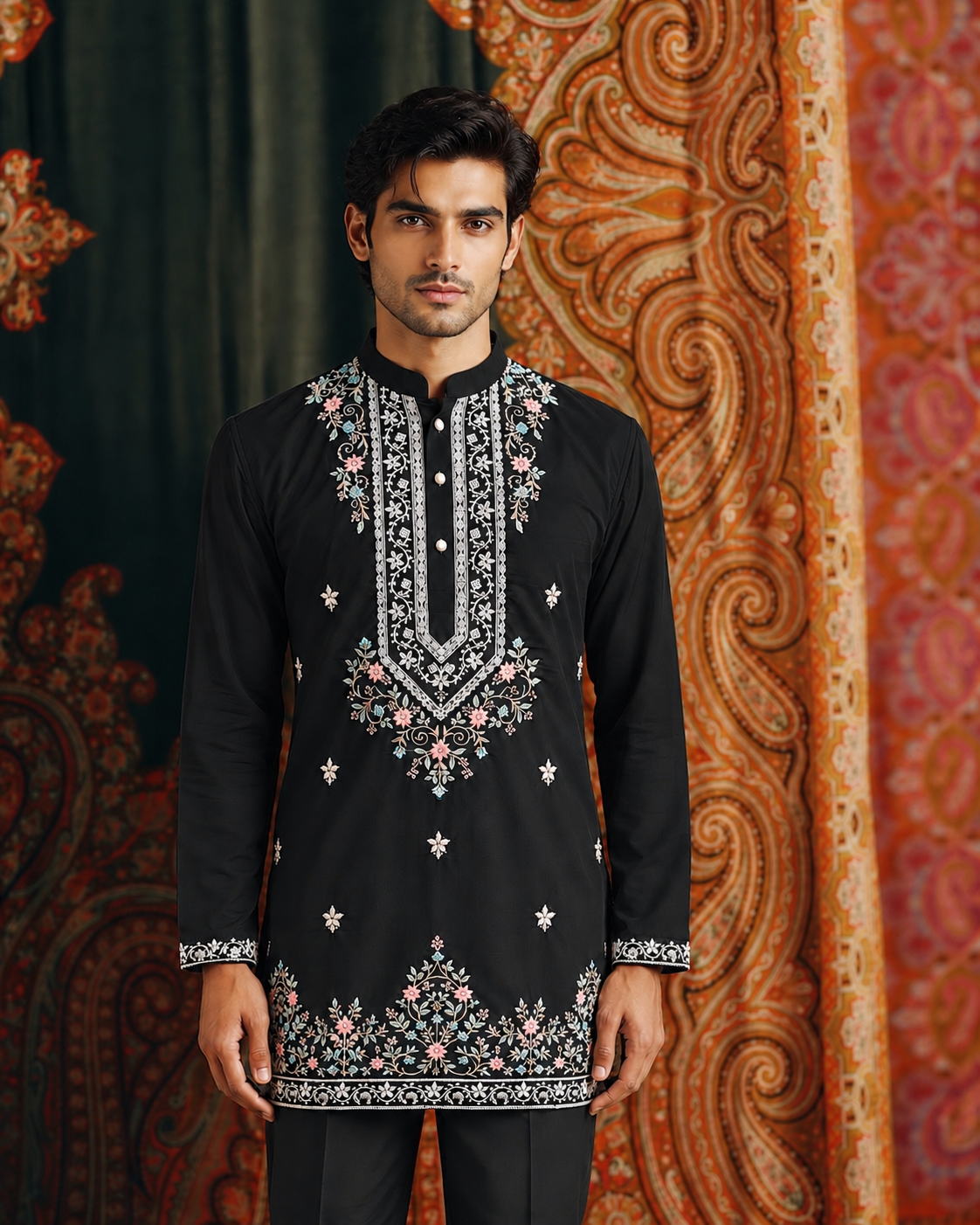 Black Signature Embroidered Short Kurta