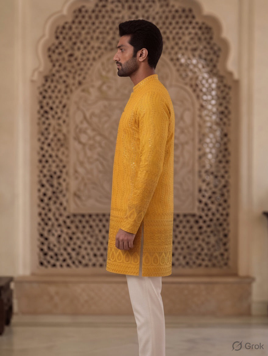Royal Heritage Embroidered Yellow Short Kurta
