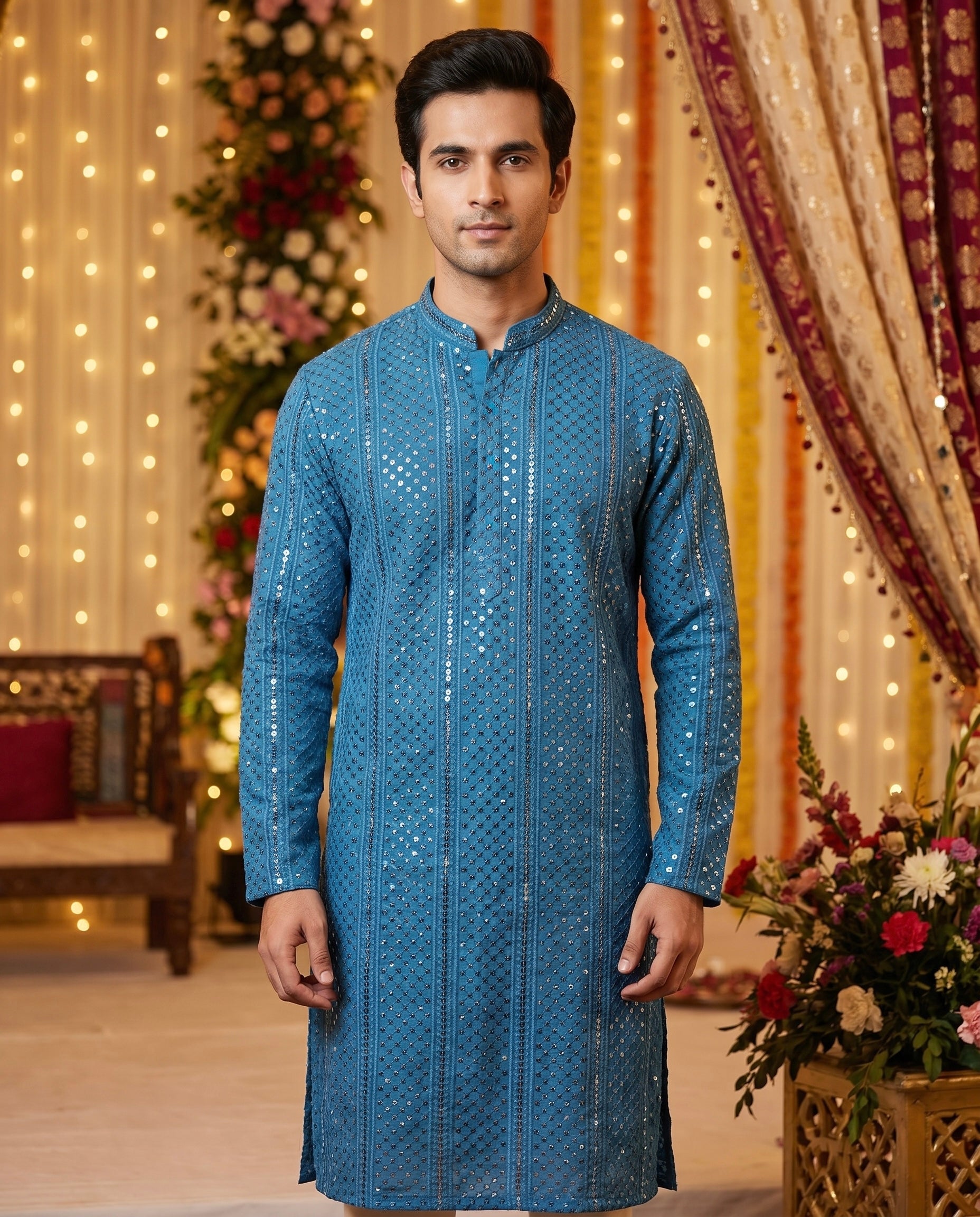 Men's Morpeach Sequined Chikankari Kurta with Metallic Accents
