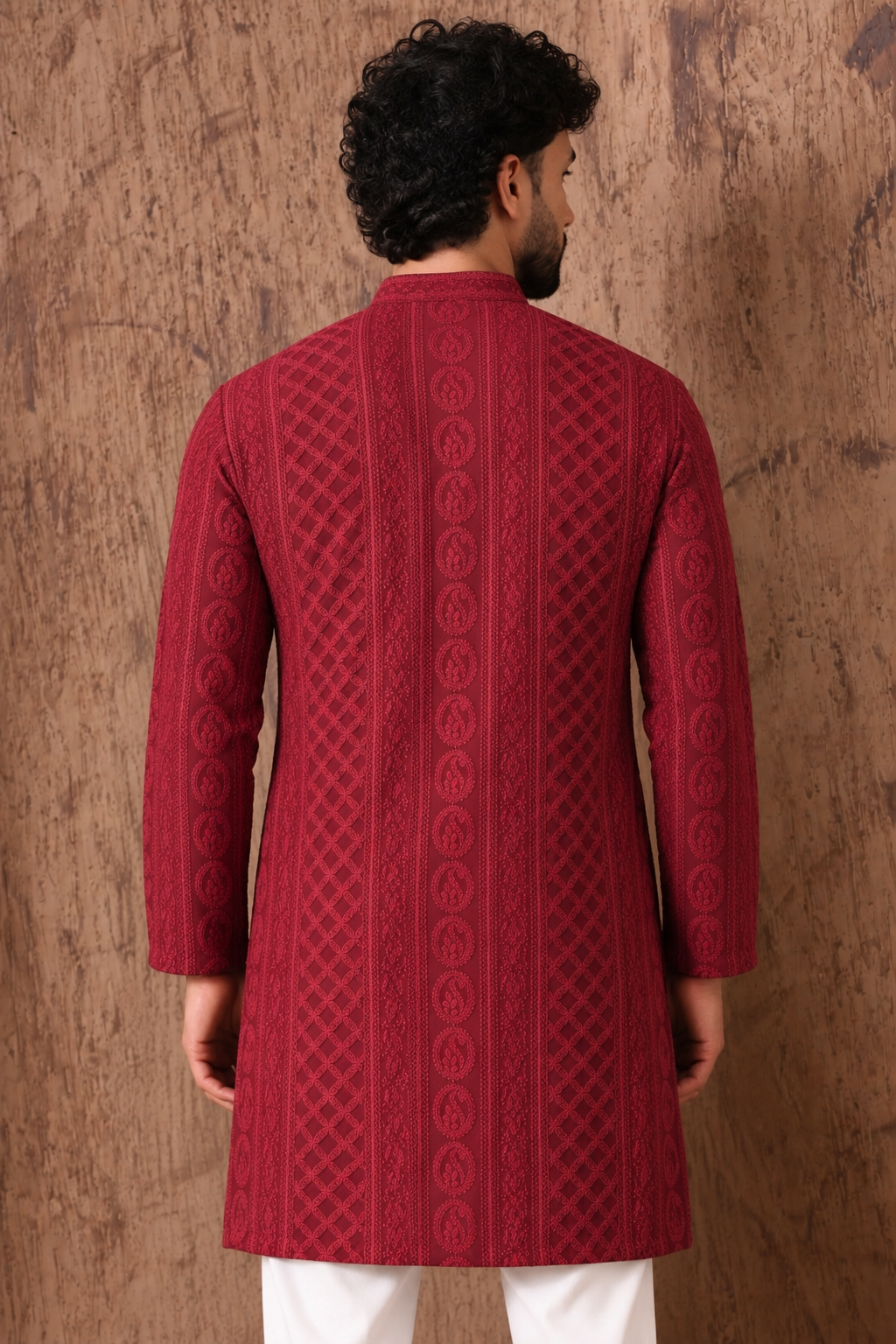 Maroon Chikankari Textured V-Neck Short Kurta