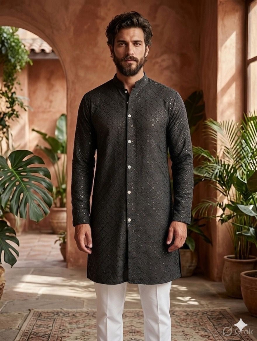 Black Sequin Embroidered Festive Kurta for Men