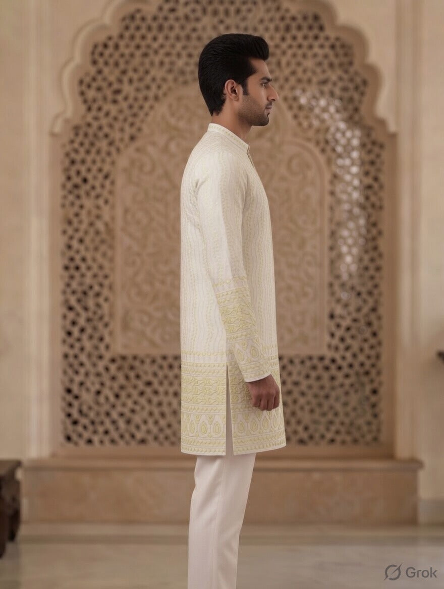 Royal Heritage Embroidered Lemon Short Kurta