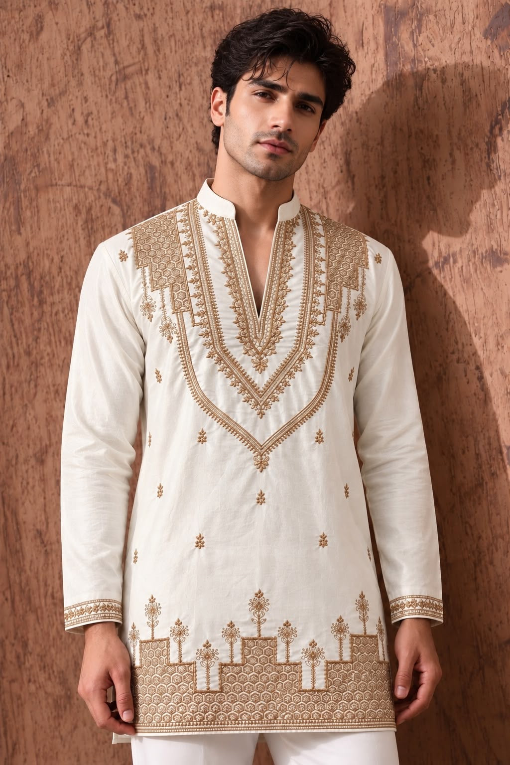Off White Heritage Embroidered V-Neck Short Kurta