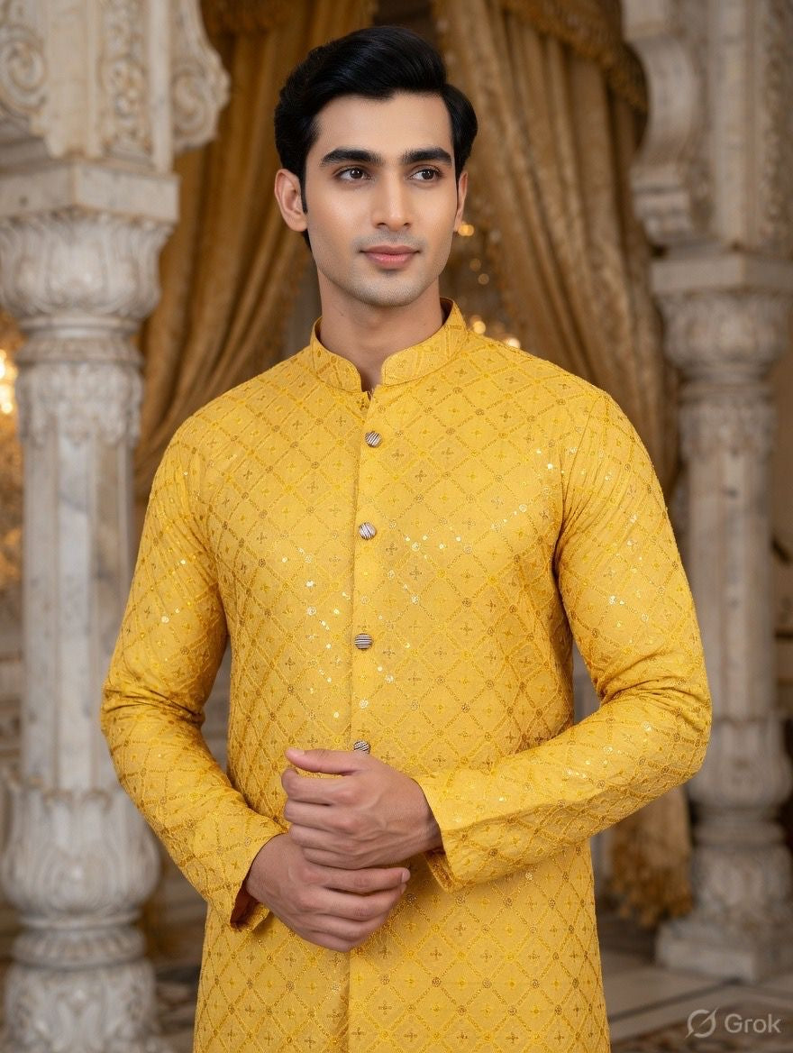 Haldi Sequin Embroidered Festive Kurta for Men