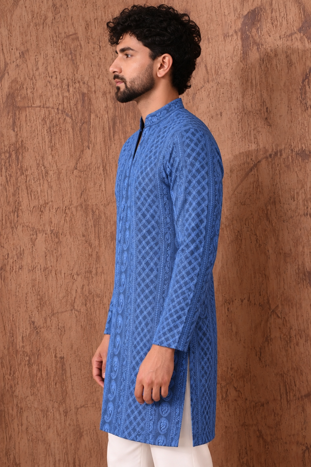 Grey Chikankari Textured V-Neck Short Kurta