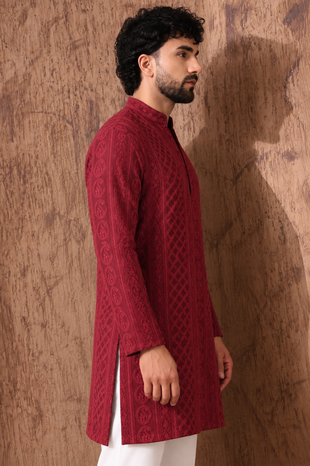 Maroon Chikankari Textured V-Neck Short Kurta