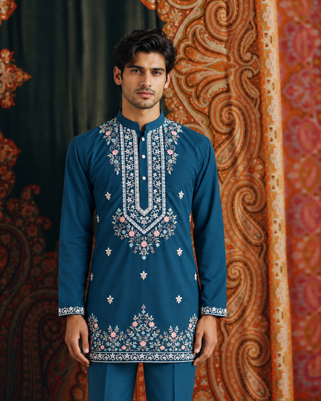 Peacock Blue Signature Embroidered Short Kurta