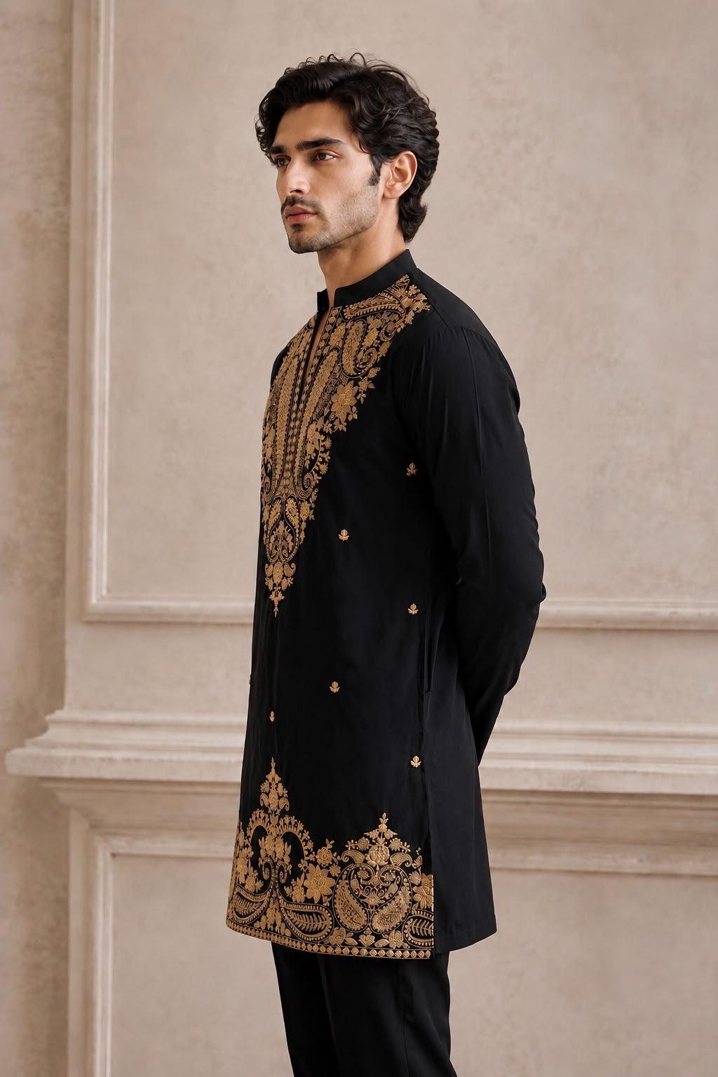 Black Paisley Embroidered V-Neck Short Kurta
