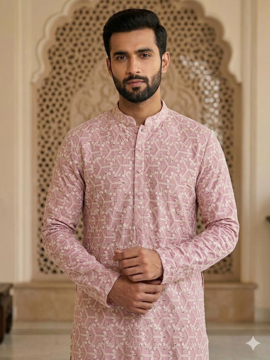 Men's Peach Geometric Chikankari Embroidered Kurta