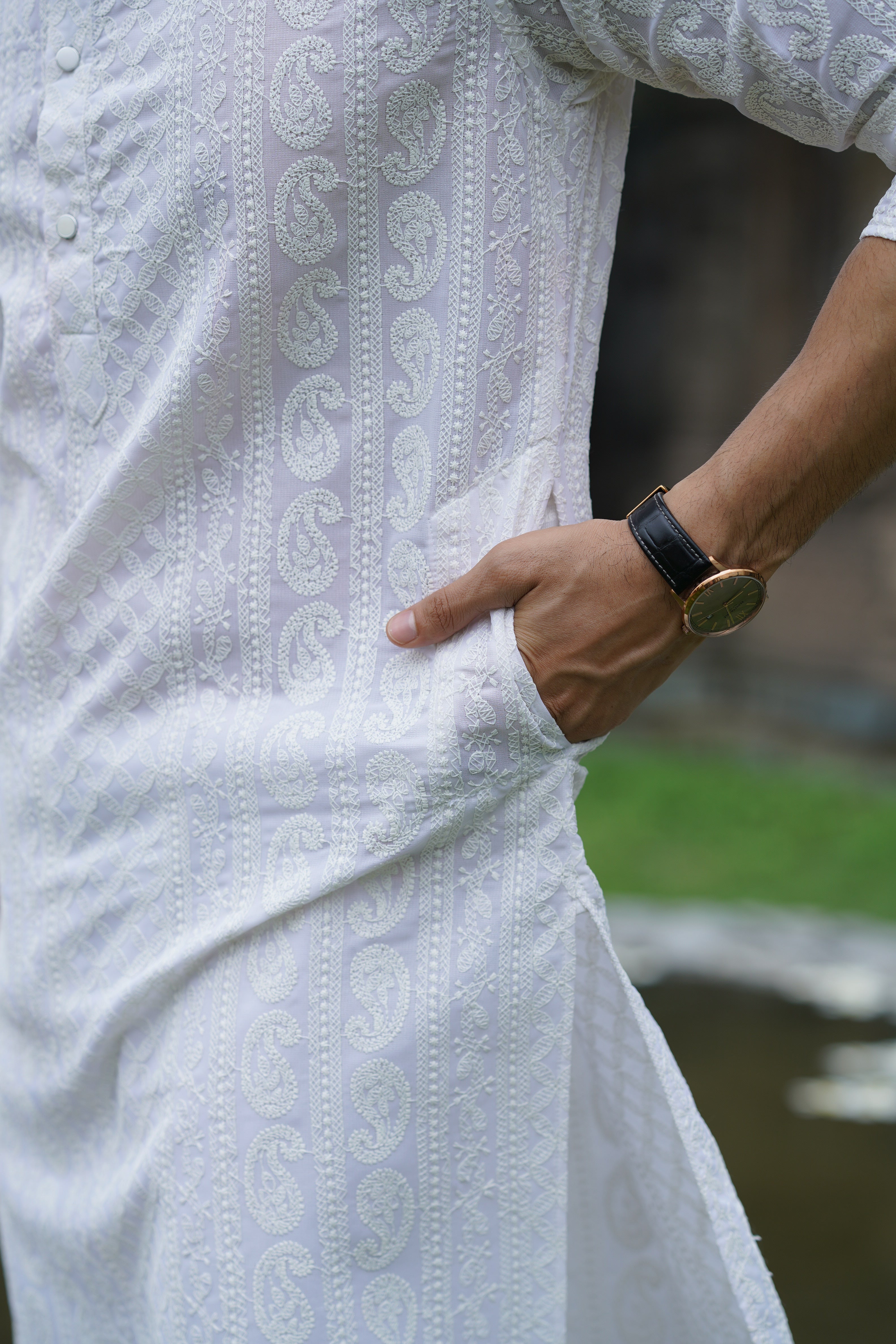White Georgette Chikankari Kurta for Men with Fine Detailing
