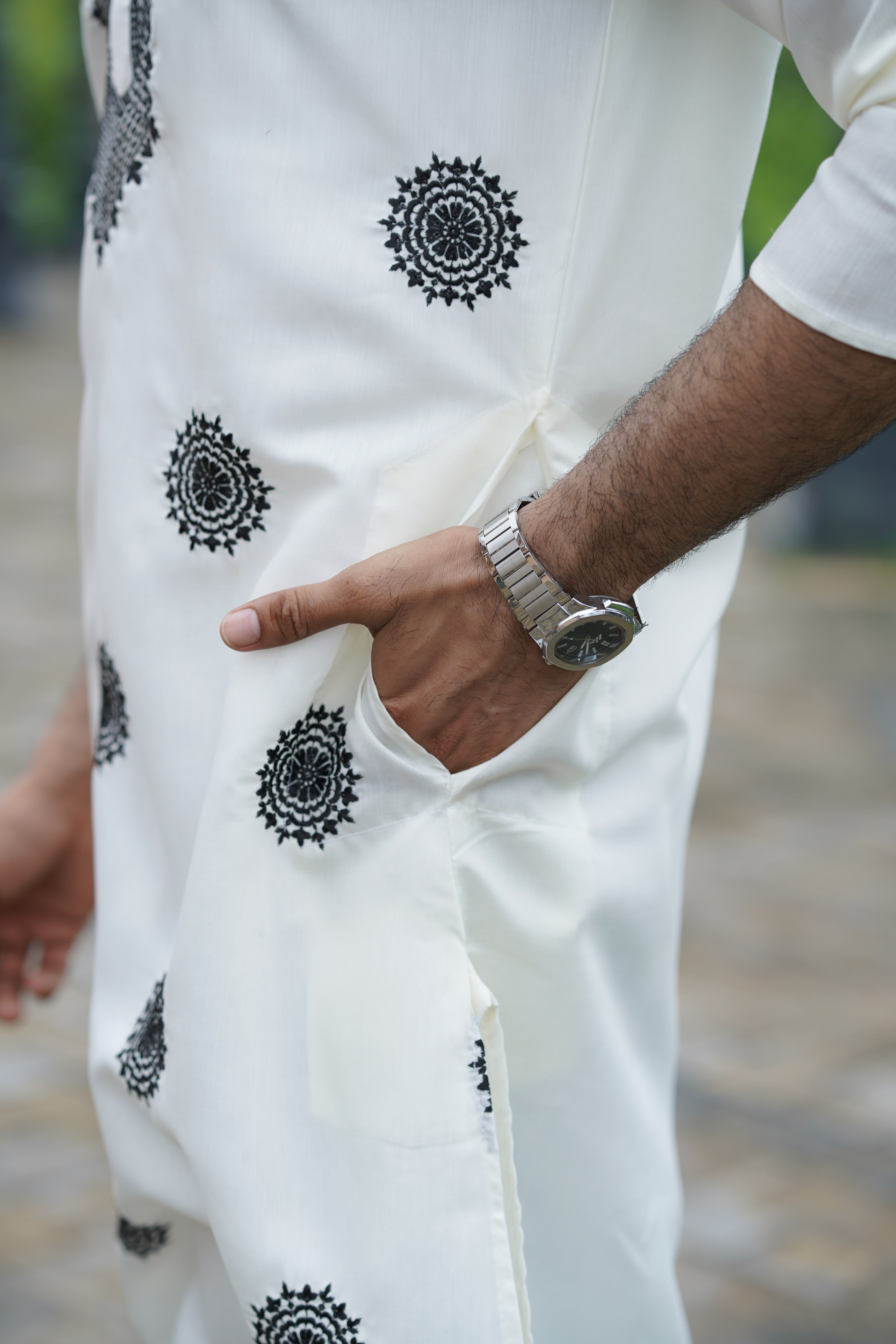 Black on White Floral Embroidered Kurta Set for Men