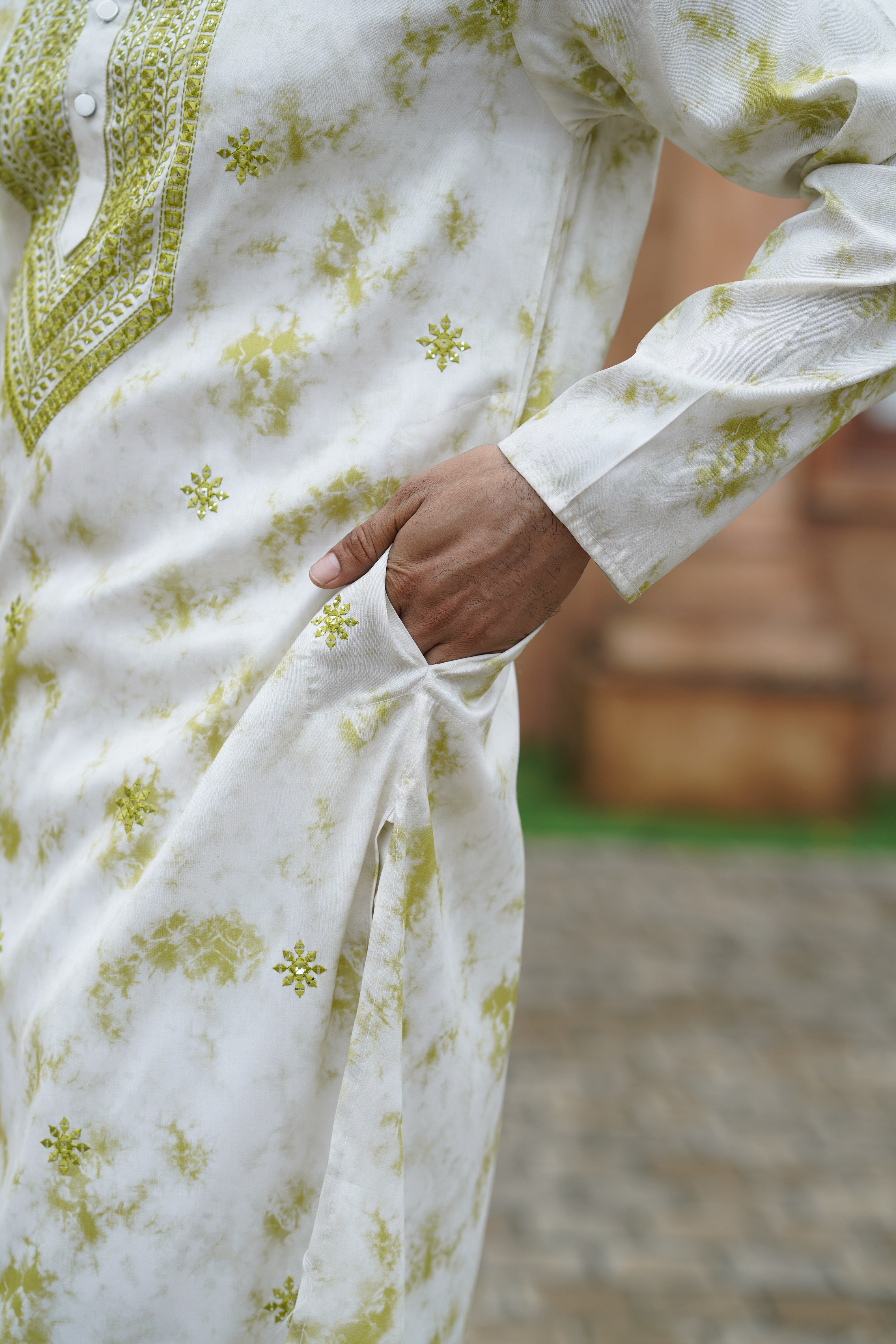 Olive Tie-Dye Men's Kurta with Elegant Embroidery & Sparkling Sequins